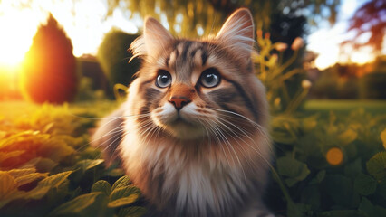 Garden Cat at Sunset, AI generated Illustration ,realistic