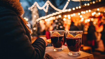 Christmas market and drinking mulled wine, Christmas party - obrazy, fototapety, plakaty