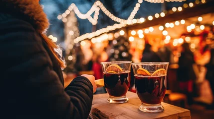 Foto op Plexiglas Christmas market and drinking mulled wine, Christmas party © FryArt Studio