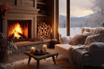 interior with a fireplace burning with a large window blizzard outside the window