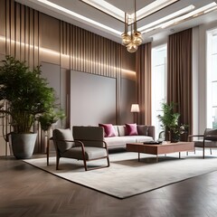 Fototapeta premium 13. a conference room and office in a hotel. Meeting room interior design with sofa, table, desk, and wine. Generative AI