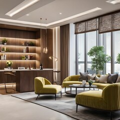 Fototapeta premium 20. A hotel design interior with tables, chairs, sofas, and furniture. Generative AI