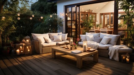 Cozy patio area with garden furniture.