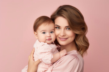 Mother holding baby in her arms on pink background