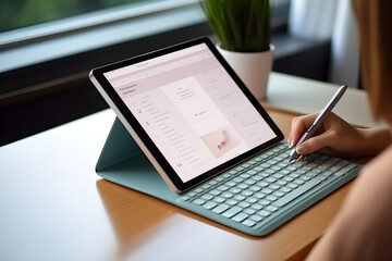 Woman's hands writing on the document of tablet mockup with digital planner on screen, soft tones, photorealistic