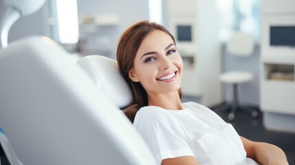 smiling woman sitting in a dentist's chair - Powered by Adobe