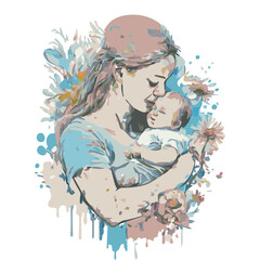 abstract illustration. mother hugs her baby against a background of flowers, blots and splashes. Concept of love, affection and care.