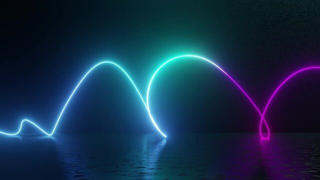 Endless colorful neon curvy spiral line inside the dark room with reflection on the ground. Futuristic glowing motion design. Abstract motion looping background. Glowing lines. 3d video animation. 4k
