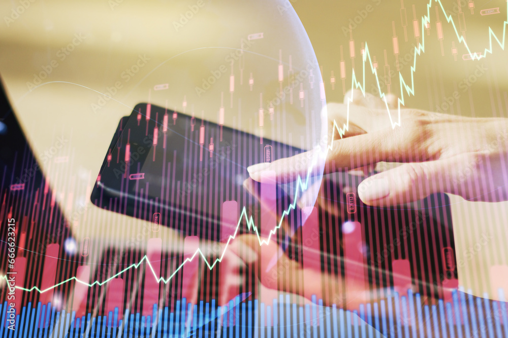 Poster abstract creative financial graph with world map and with finger clicks on a digital tablet on backg