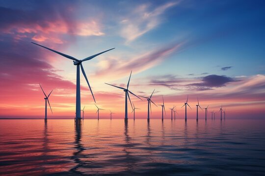 Offshore wind turbines at dusk, representing sustainable power. Generative AI