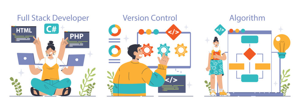 Software development set. Coding, back-end and front-end engineering
