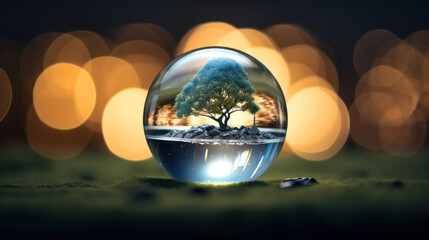 Crystal ball with tree inside. Bonsai concept