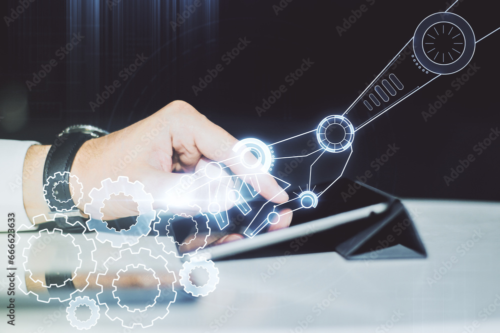 Aufkleber creative concept of robotics technology and finger clicks on a digital tablet on background. robot d