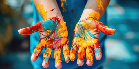 The children's palms are painted in bright paint, Children's creativity Concept, Drawing, Creativity, Happy childhood, generative ai
