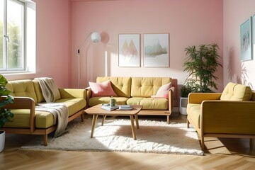10. Simple living room and brightly colored sofa interior with a light pink color concept. 