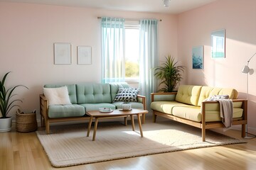 7. Simple living room and brightly colored sofa interior with a light pink color concept. 