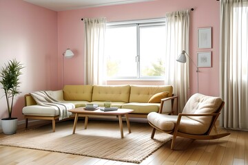 Naklejka na ściany i meble 6. Simple living room and brightly colored sofa interior with a light pink color concept. 