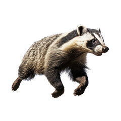 Fototapeta premium a Badger (Taxidae taxus) in motion, 3/4 view in an isolated and transparent PNG in a Nature-themed, photorealistic illustration. Generative ai
