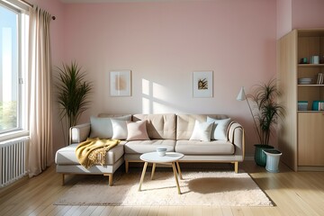 5. Simple living room and brightly colored sofa interior with a light pink color concept. 