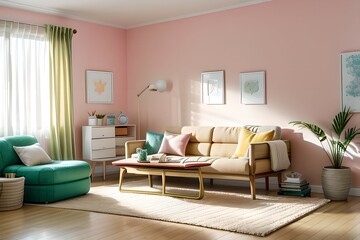 3. Simple living room and brightly colored sofa interior with a light pink color concept. 