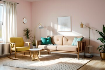2. Simple living room and brightly colored sofa interior with a light pink color concept. 
