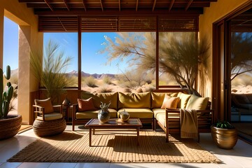 3. Brown living room design interiors that light up large windows. Sofas, furniture and images that fit the desert. Generative AI