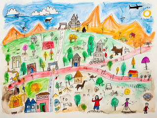 Kinderzeichnung einer Stadt mit Häusern und Straße