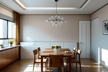 1. The kitchen table and chairs with sunlight.interior design with simple lighting.