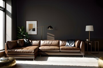 7. Modern living room design interiors in urban apartments. Sofa, furniture and masculine image. Generative AI