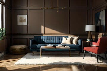 3. Modern living room design interiors in urban apartments. Sofa, furniture and masculine image. Generative AI