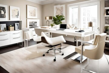 Home office space that is ivory. Modern leatherette desk chair and acrylic accent chairs - obrazy, fototapety, plakaty
