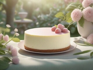 Obraz na płótnie Canvas A cheesecake served in a serene garden with a pastel color scheme and space for text, background image, AI generated