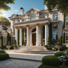 Obraz premium Medieval European architectural design. Photographs with colorful facades and white sculptural columns. Generative AI