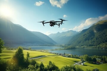 Fototapeta na wymiar Quadcopter flies over a beautiful landscape. AI generative