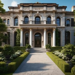 Fototapeta premium Medieval European architectural design. Photographs with colorful facades and white sculptural columns. Generative AI