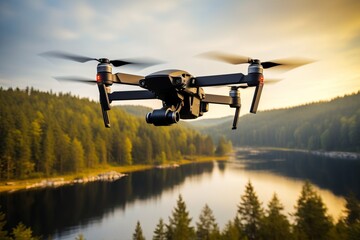 Quadcopter flies over a beautiful landscape. AI generative