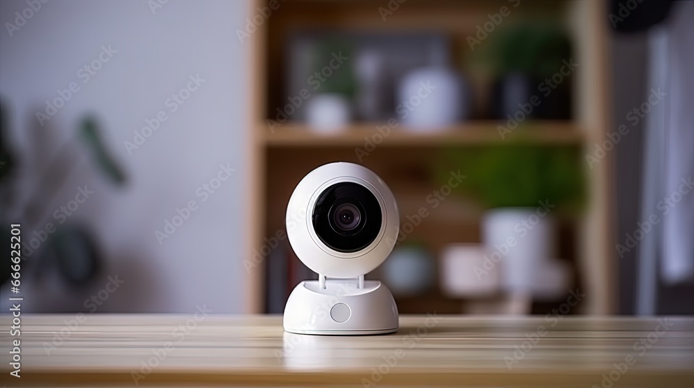 Poster Digital smart home security camera on table or shelf with copy space