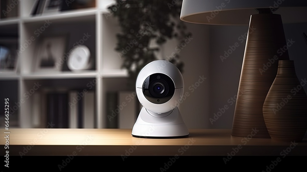 Poster Digital smart home security camera on table or shelf with copy space