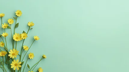 Poster Green grass and yellow flowers on light green background minimal top view flat lay with top copy space © vxnaghiyev