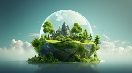 Fantasy island floats with Earth globe trees mountains on grass surface Ad for creative travel and holidays