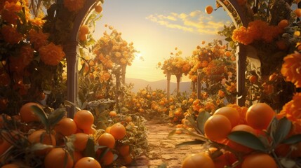 Garden with oranges - obrazy, fototapety, plakaty