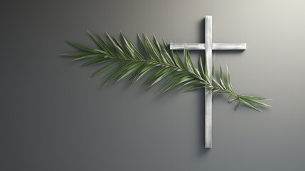 Grey background with cross and palm on Palm Sunday - obrazy, fototapety, plakaty