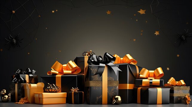 Halloween themed banner template with gift boxes pumpkins spiders and bats Happy Halloween sale promotion