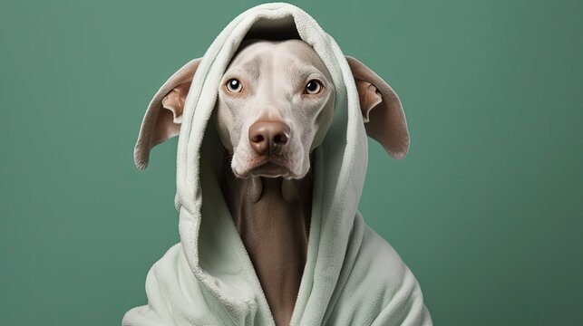 Dog grooming with freshly bathed Weimaraner in white bathrobe and towel on head looking to side against green studio background symbolizing love animal health care friendship ad