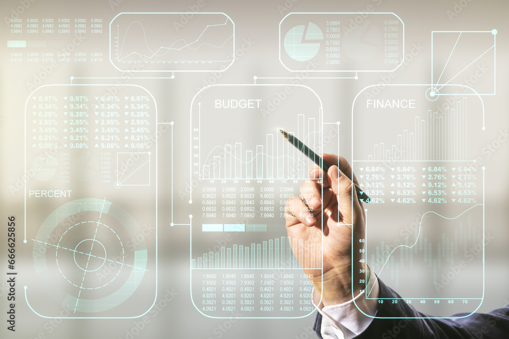 Poster Multi exposure of male hand with pen working with stats data illustration on blurred office background, computing and analytics concept