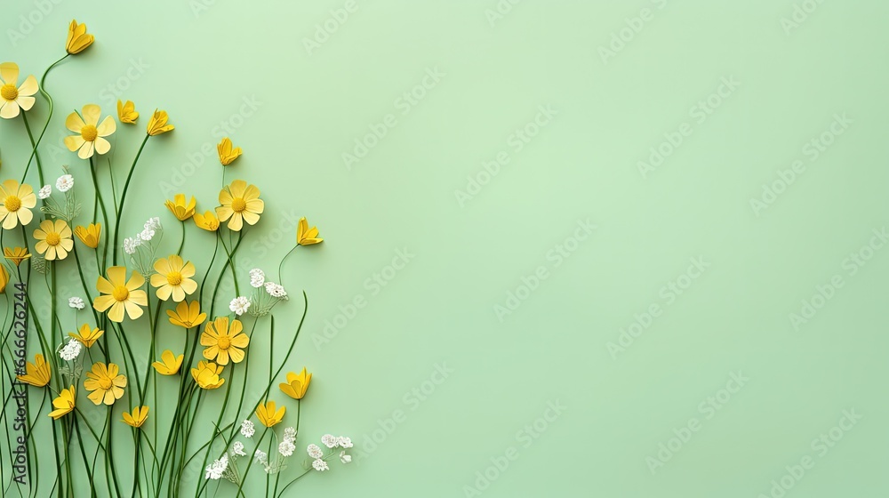 Poster green grass and yellow flowers on light green background minimal top view flat lay with top copy spa