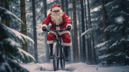 Fotobehang 16:9 Photography Big muscular Santa Claus is Riding a bicycle to deliver gifts on Christmas Day.generative ai © jkjeffrey