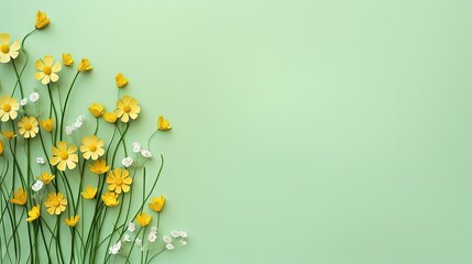 Green grass and yellow flowers on light green background minimal top view flat lay with top copy space - Powered by Adobe