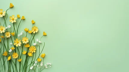 Badezimmer Foto Rückwand Green grass and yellow flowers on light green background minimal top view flat lay with top copy space © vxnaghiyev