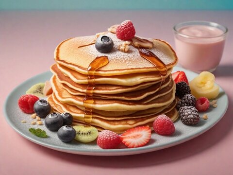 Pancakes served with a variety of global toppings against a pastel background with space for text, background image, AI generated